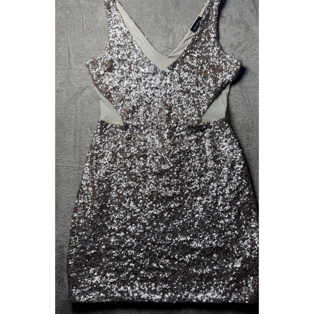 Y2K Bebe Womens Sequin Mesh Cutout Mini Dress Sparkly Size S Club Vegas Glam